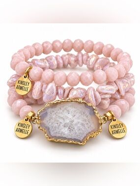 Kinsley Armelle Set of 3 Pink Beaded Stackable Bracelets Gold Druzy